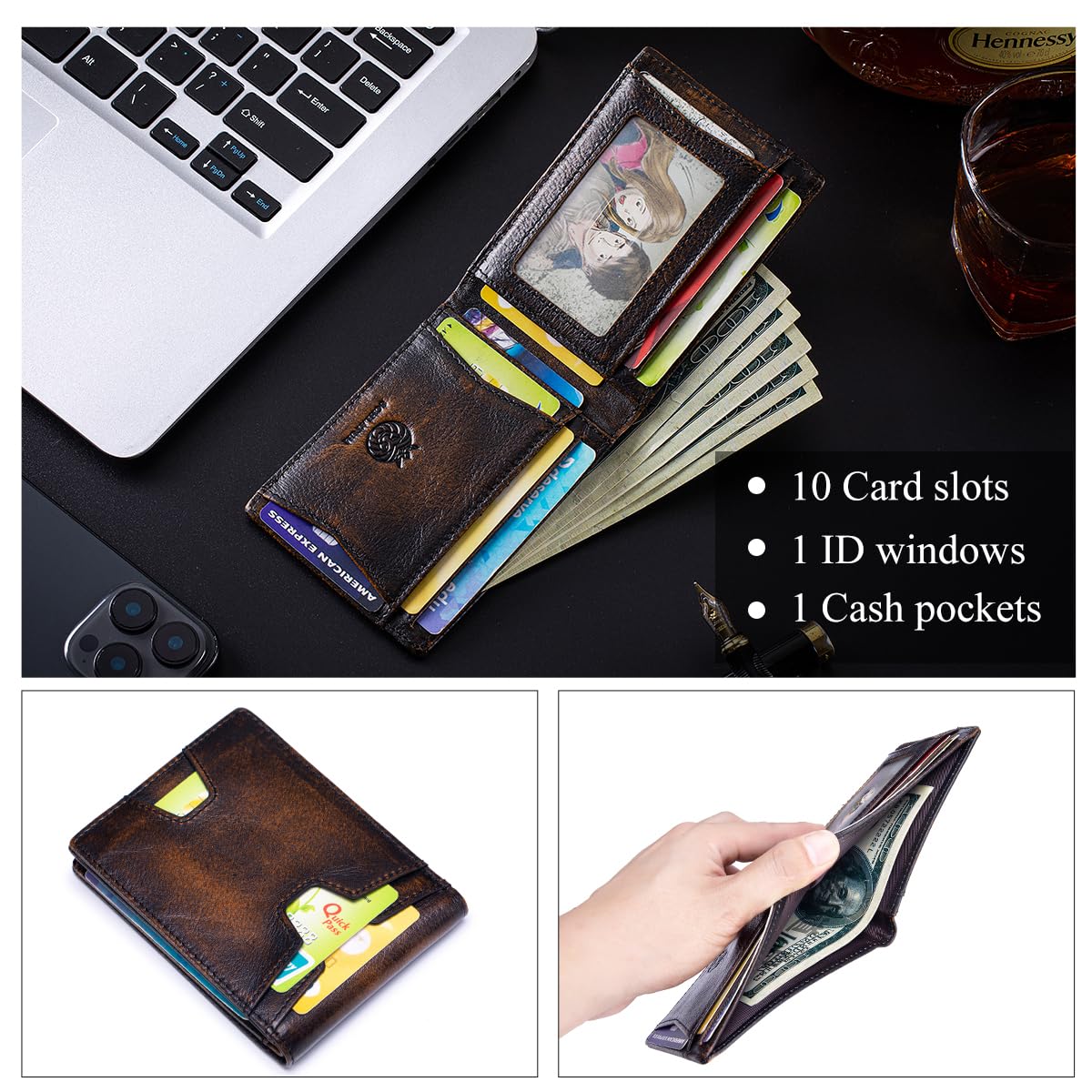 SCHLATUM Front Pocket Wallet for Men Slim Lightweight RFID Blocking Genuine Leather Bifold Thin Wallet with 10 Card Slots, Antiqued