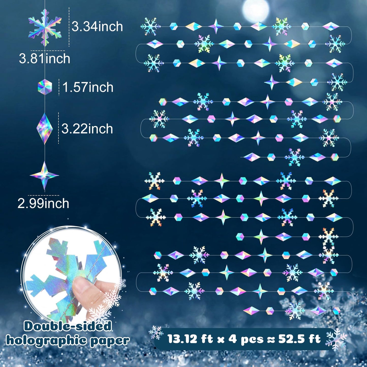 ReliThick Iridescent Snowflake Garland - Winter Decorations 46 ft Holographic Paper Snowflakes Hanging Streamer Snow Flake Banner Backdrop for Birthday Party Winter Christmas Decor