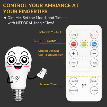 Neporal MagicGlow USB Rechargeable Light Bulbs with Remote, 3-Color Shift + 10%-100% Dimmable, Up to 20 Hours Battery Powered Light Bulb, 15W A19 LED Rechargeable Light Bulbs for Lamps with No Outlet