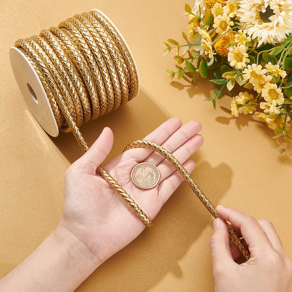 BENECREAT 16Yards Gold Round Braided Leather Cord, 7mm Wide PU Imitation Leather Beading Cord Rope for Jewelry Making, Necklaces, Bracelets, Wraps, Crafts