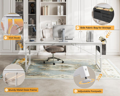 ODK Computer Desk Large Office Desk, 63 Inch Gaming Desk with Storage, Modern PC Work Table with Headphone Hook for Home Office, Splice Board, White + White Leg