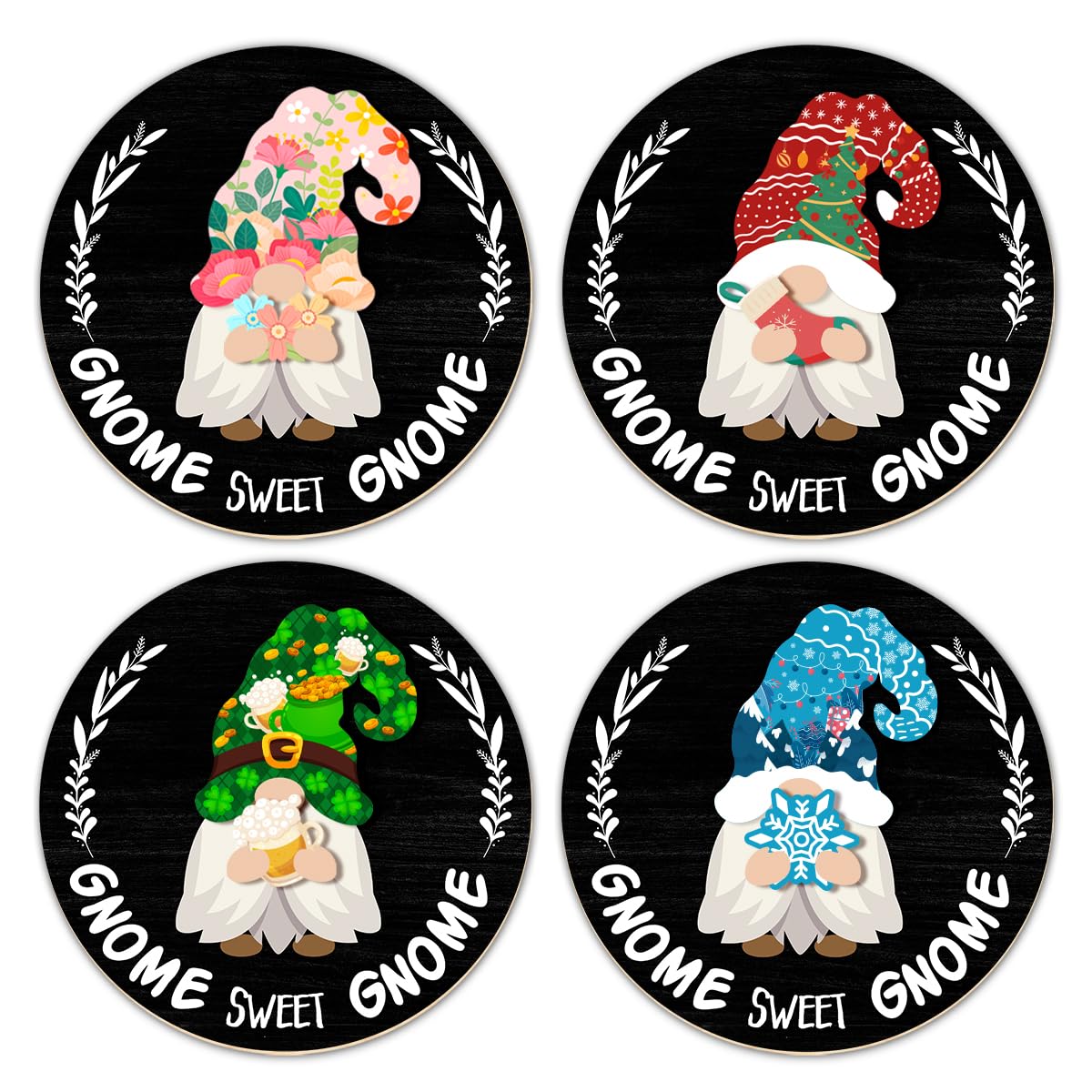 Interchangeable Gnome Welcome Sign Summer Patriotic 4th of July Door Decorations, Changeable Seasonal Front Porch Decor Wood Wreath Gnomes Gifts for Spring Fall Winter All Seasons Holiday, Black
