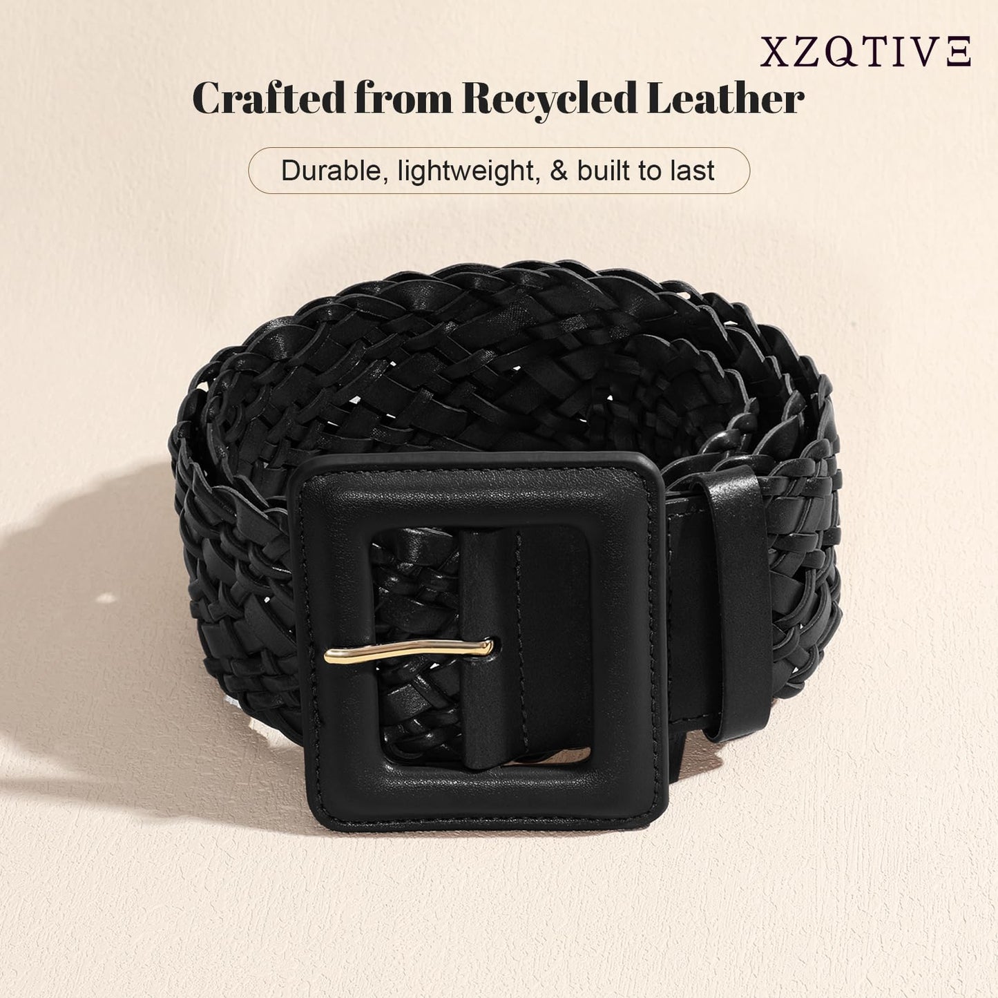 XZQTIVE Women Wide Belt for Dresses Fashion Thick Braided Leather Belts with Square Buckle, Woven Waistband for Ladies, Black(Fit Waist Size Below 27'')