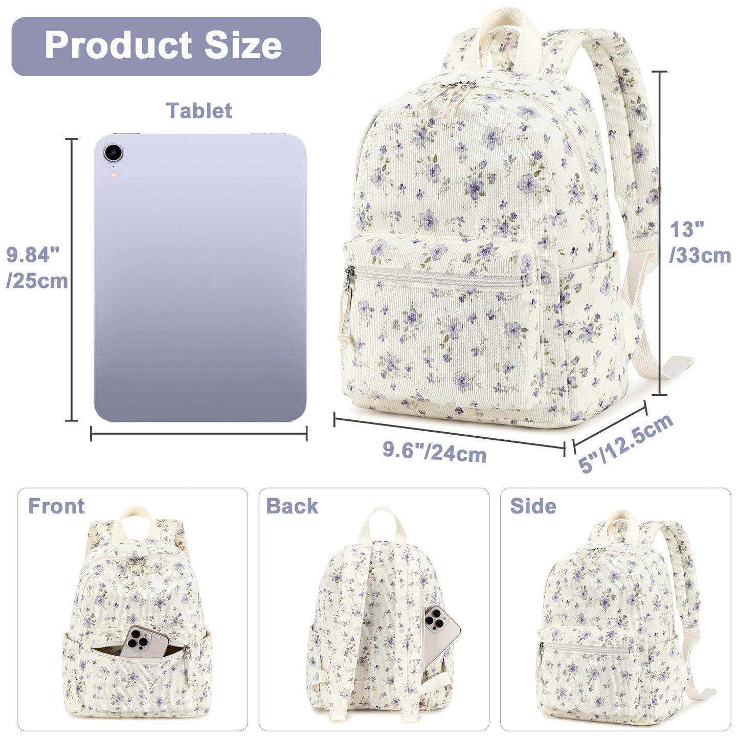 BTOOP Mini Backpack Women Girls Water-resistant Small Backpack Purse Shoulder Bag for Womens Adult Kids School Travel (Purple Floral201)