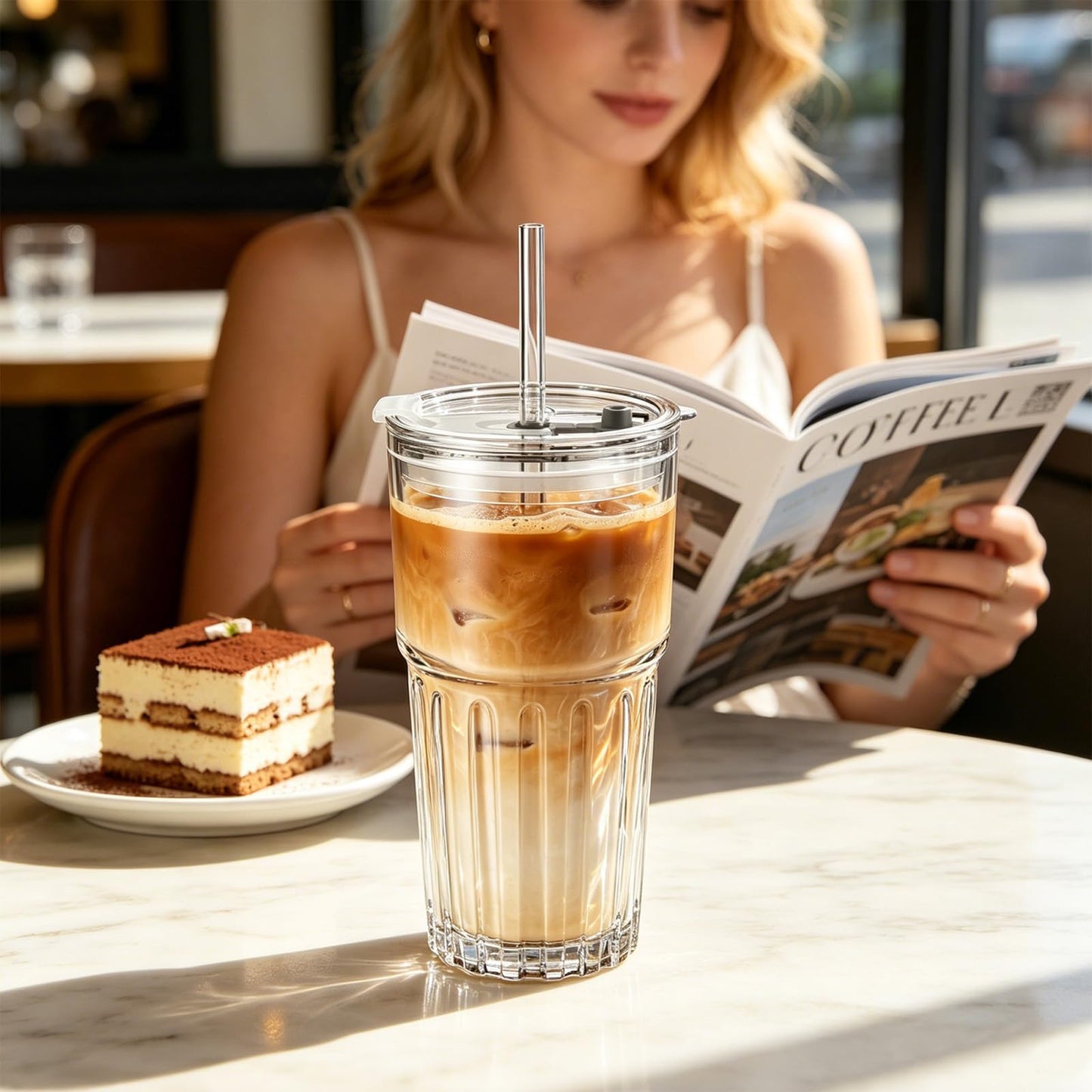 INSETLAN 20 oz Clear Glass Tumbler Set with Lids and Straws – 4-Pack Iced Coffee Cups with Glass Straws & Brushes, Reusable Drinking Glasses for Smoothies, Tea, Juice, Beer, Cold Beverages