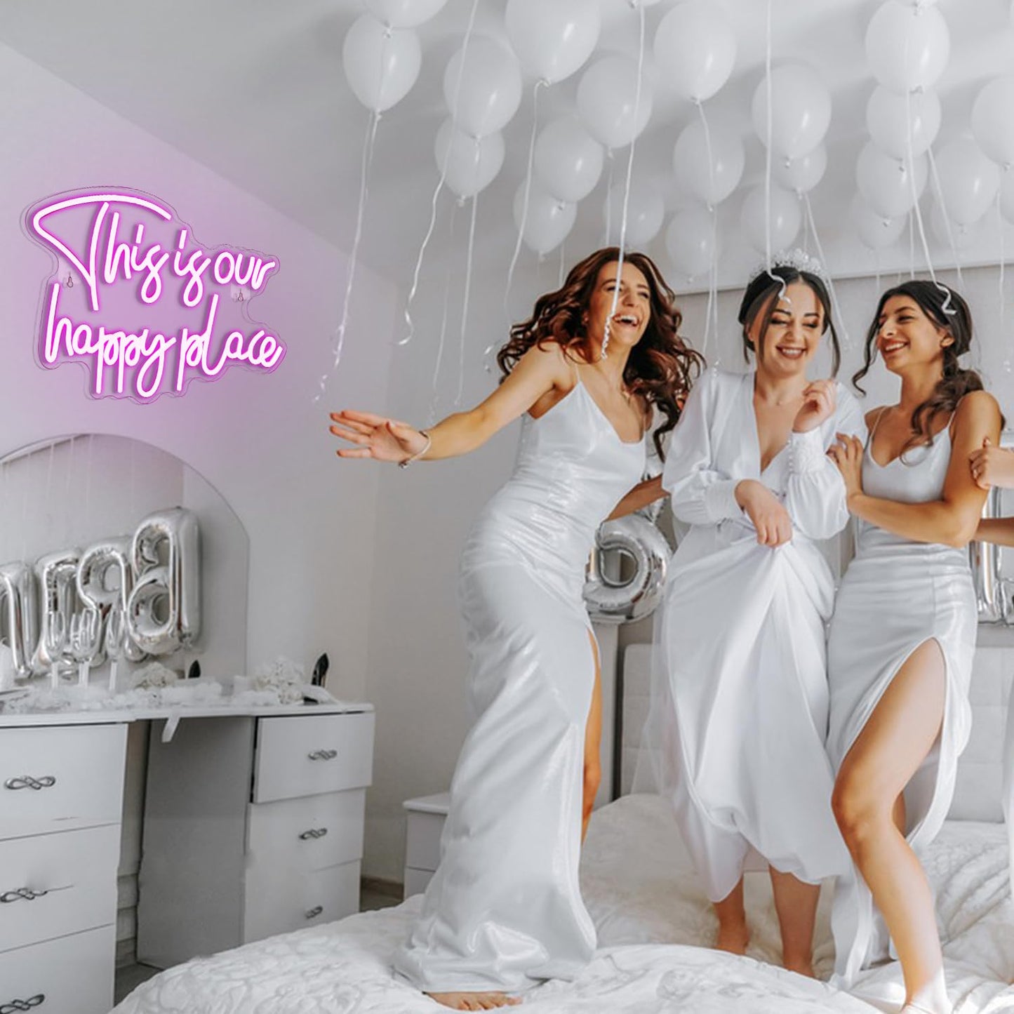 NOSUN This is Our Happy Place Neon Sign Pink Neon Signs for Wall Decor Pink Neon Light Sign with Dimmable Letter Neon Signs for Bedroom Bar Party Club Home Wedding Birthday Party LED Decorations