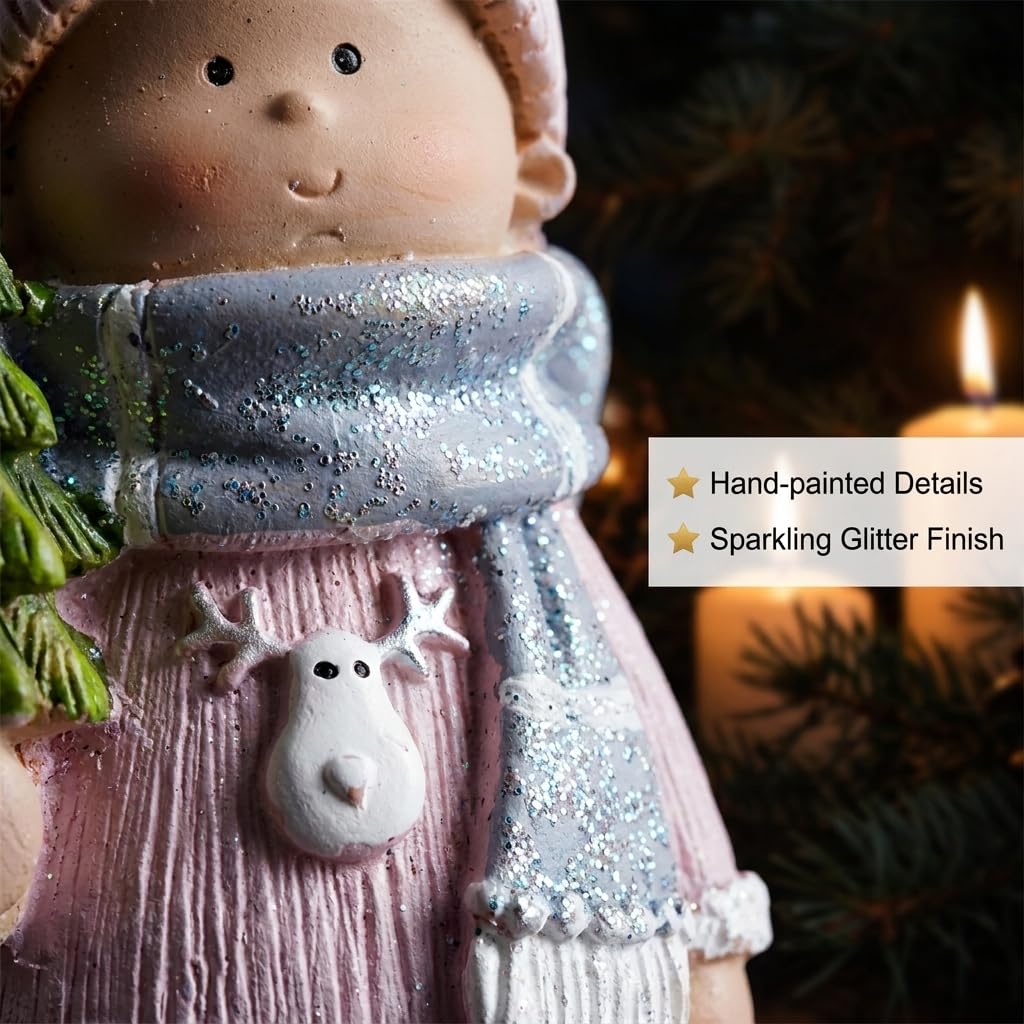 Brizoria Christmas Home Decor Set of 2 Resin Mini Sculptures with Reindeer Hats, Cute Female Themed Winter Ornaments for Mantel, Tiered Tray & Indoor Tabletop Christmas Decor