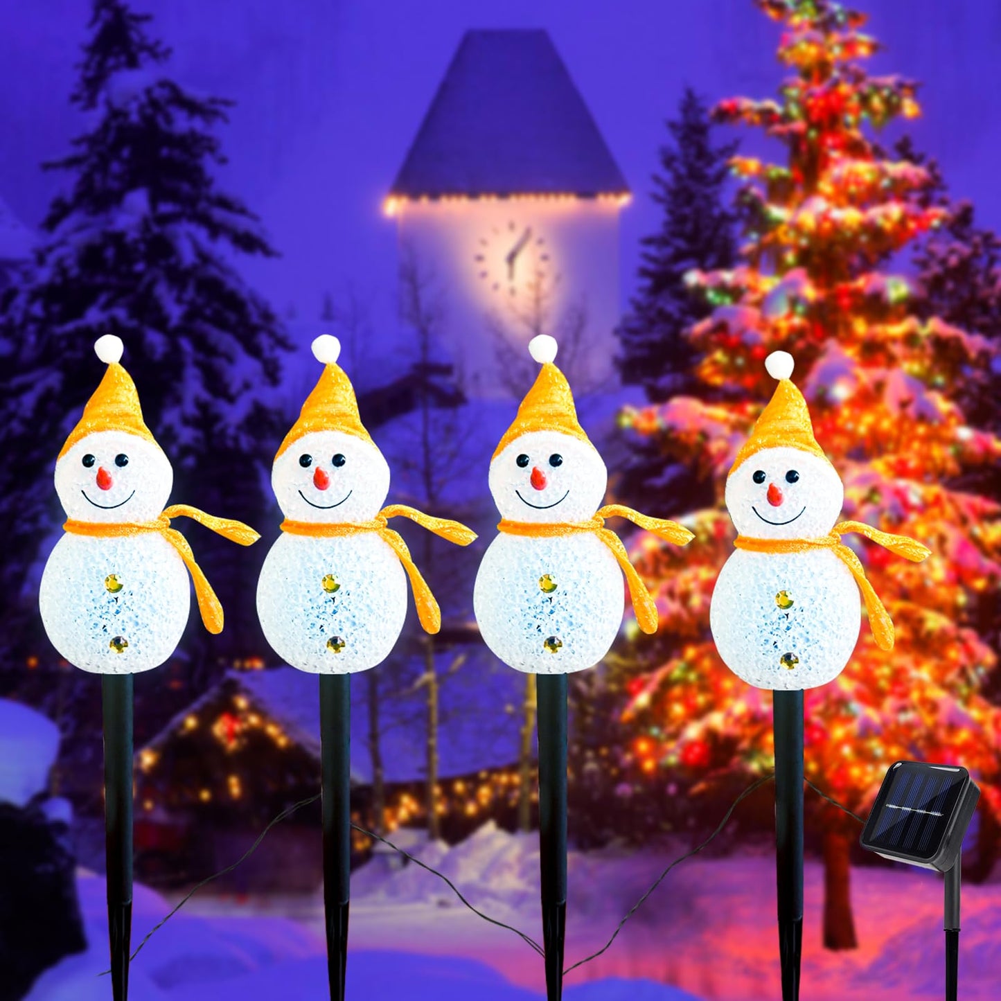 Taoushuleng Led Christmas Yellow Snowman Pathway Lights, Solar Powered Light with 4 Stakes 8 Lighting Modes for Yard Garden Decor (Yellow Snowman)