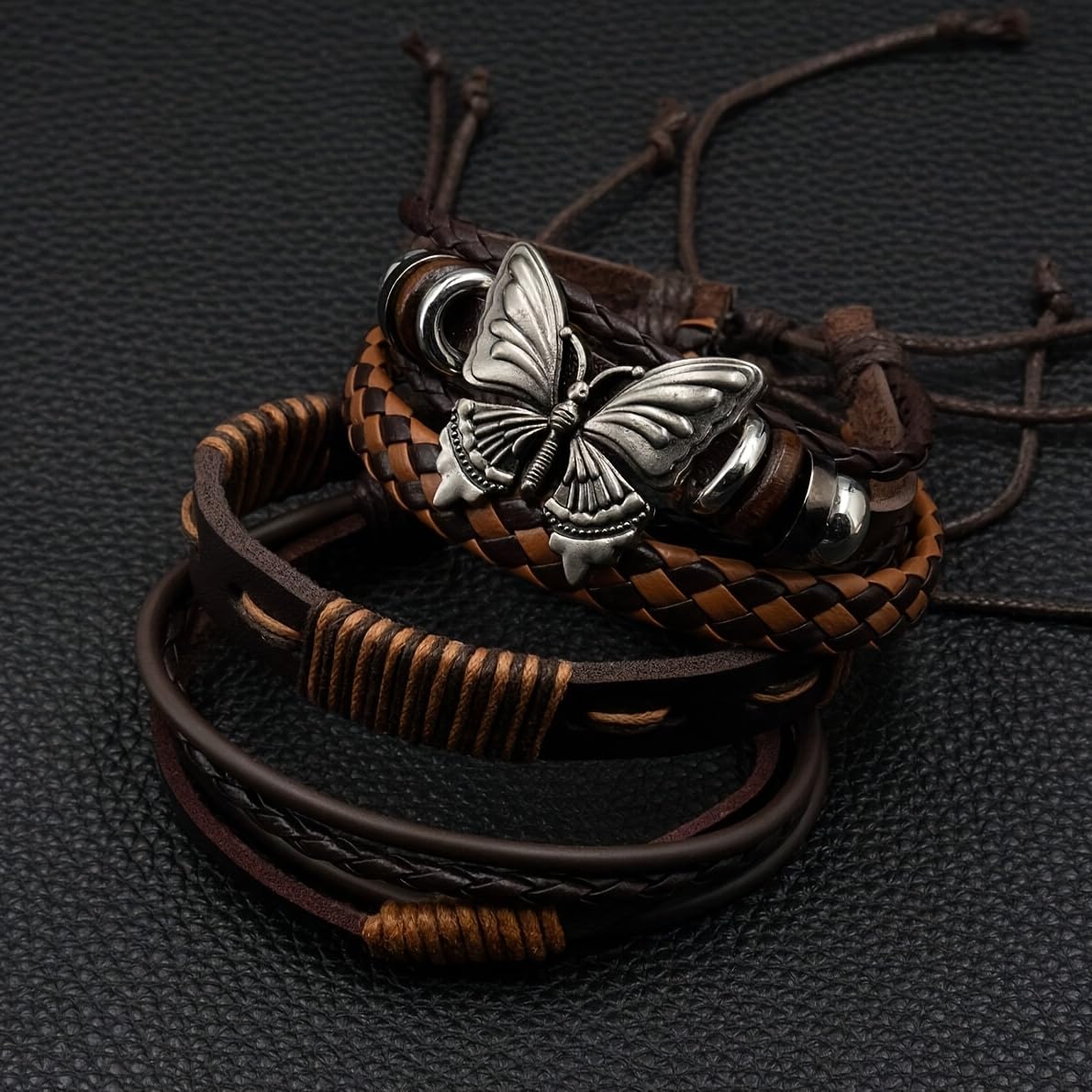 Aijewelop 10pcs/set PU Leather Butterfly Bracelet Punk Cuff Wrap Bracelets for Men Women Adjustable Brown Perfect for Daily Wear, Gift-Giving,
