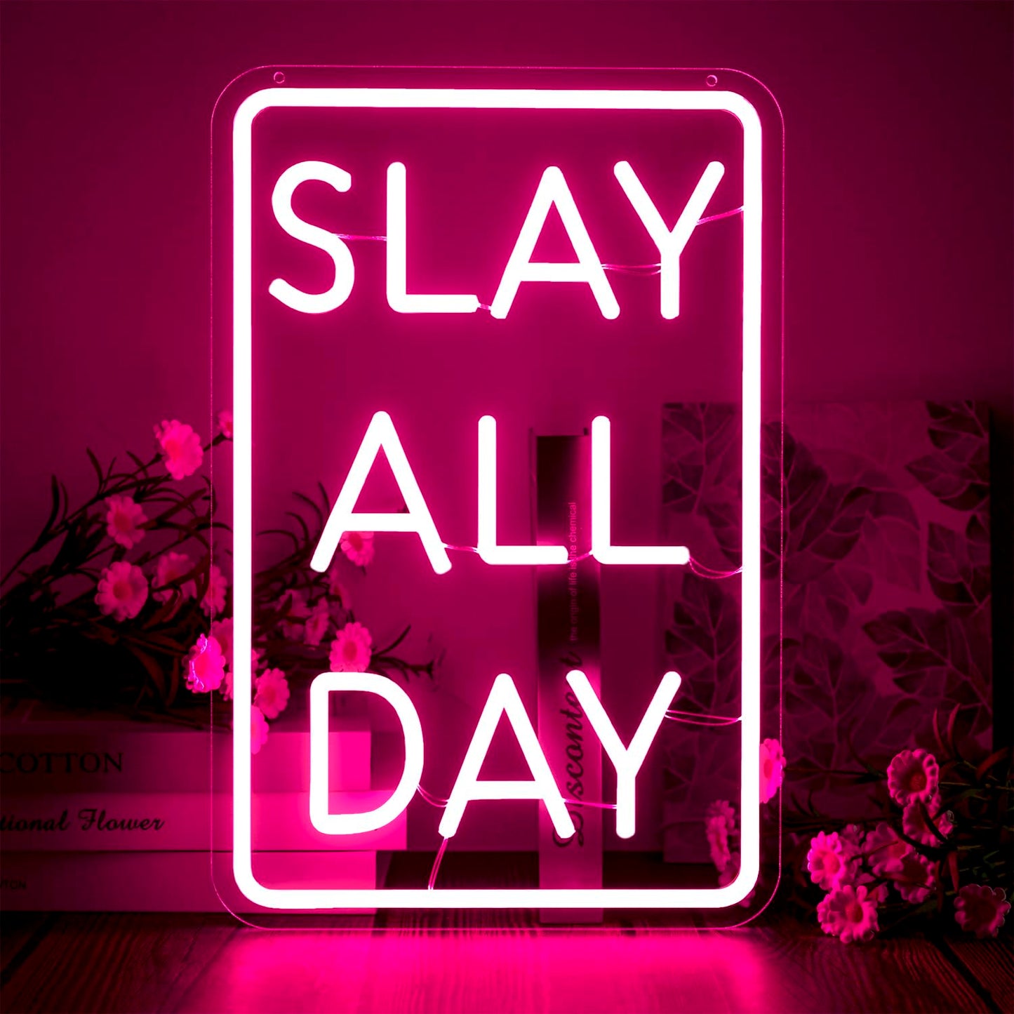 Slay All Day Neon Sign Dimmable Neon Signs for Wall Decor Pink LED Signs USB Light Up Sign Room Decor for Teen Girl Preppy Bedroom Living Room Y2K Coquette Cool Downtown Teenage Girl Room Decoration
