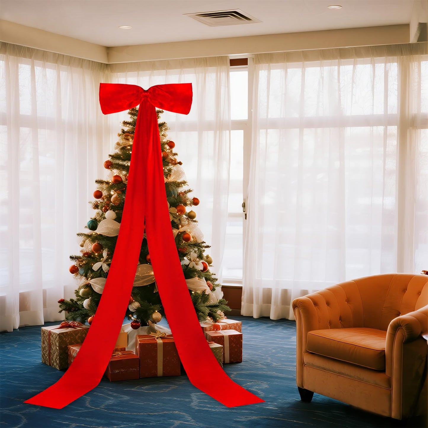 Giant Christmas Tree Bow Topper Big Bow for Christmas Tree Decorations 18X118In Tree Toppers Bows Big Red Bows for Wedding Birthday Party Wall Backdrop (Red)
