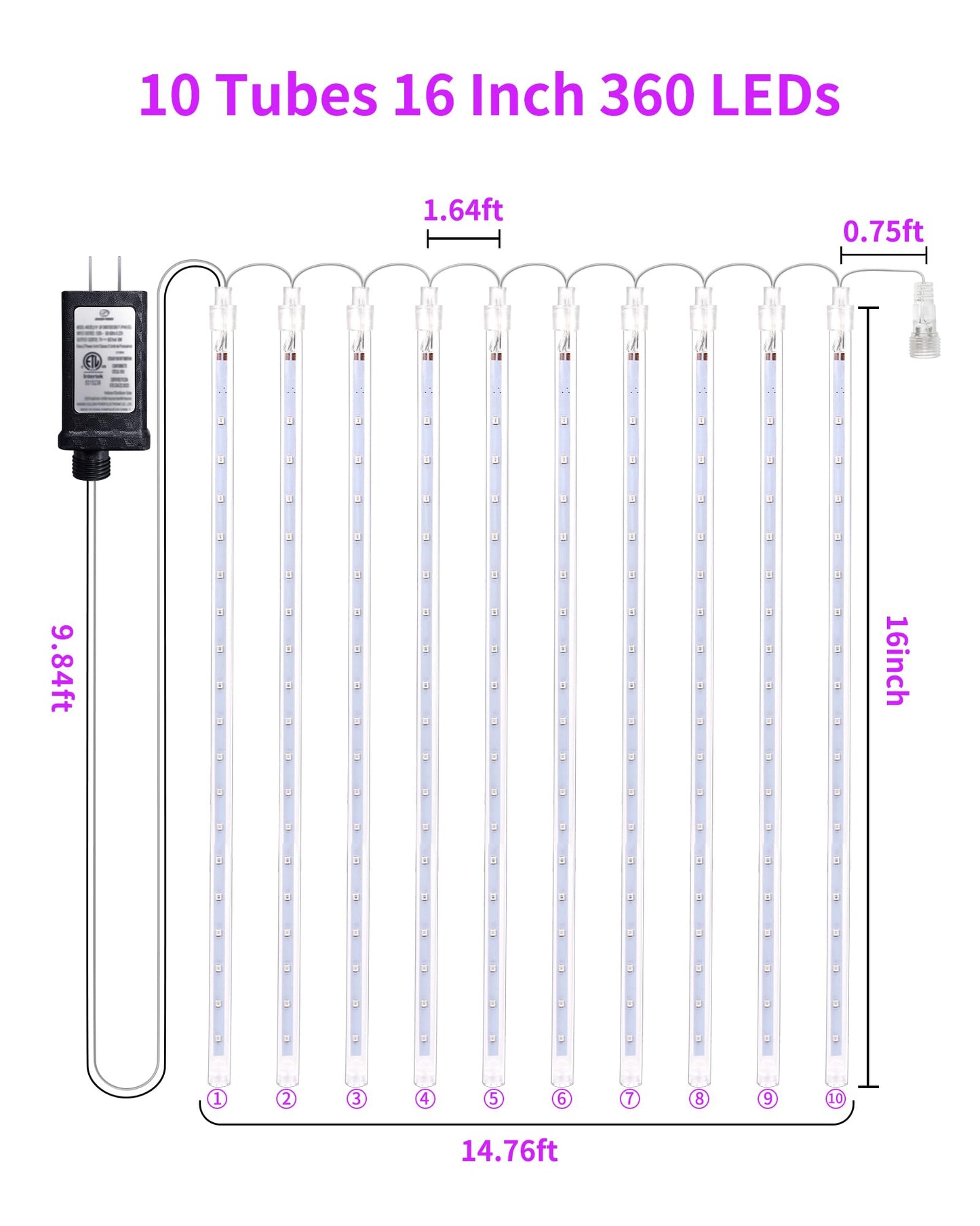 Blingstar Meteor Shower Lights Outdoor Christmas Lights, 16 Inch 10 Tubes 360 LEDs Falling Rain String Light with Timer, Waterproof Plug in Icicle Light for Tree Porch Roof Yard Xmas Decoration