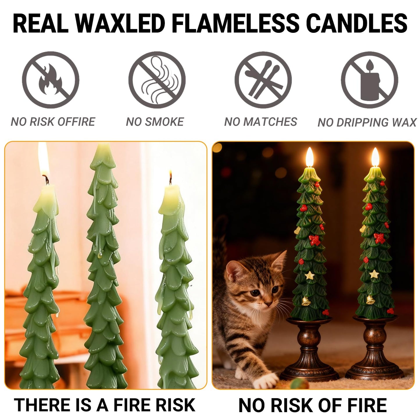 FYBW Christmas Tree Flameless Taper Candles with 10-Key Remote Timer,4 Pcs Green LED Taper Candles with 3D Flame for Holiday Dinner Decorations(Green-A)