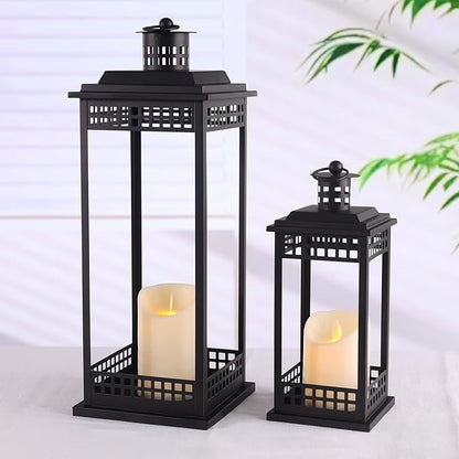 Vintage Lanterns Decorative Indoor, 17'' 11'' Set of 2 Black Candle Lantern Decor, Lanterns Decorative for Retro Living Room, Mantel, Patio, Porch, Garden, Balcony, Wedding Tabletop Lantern