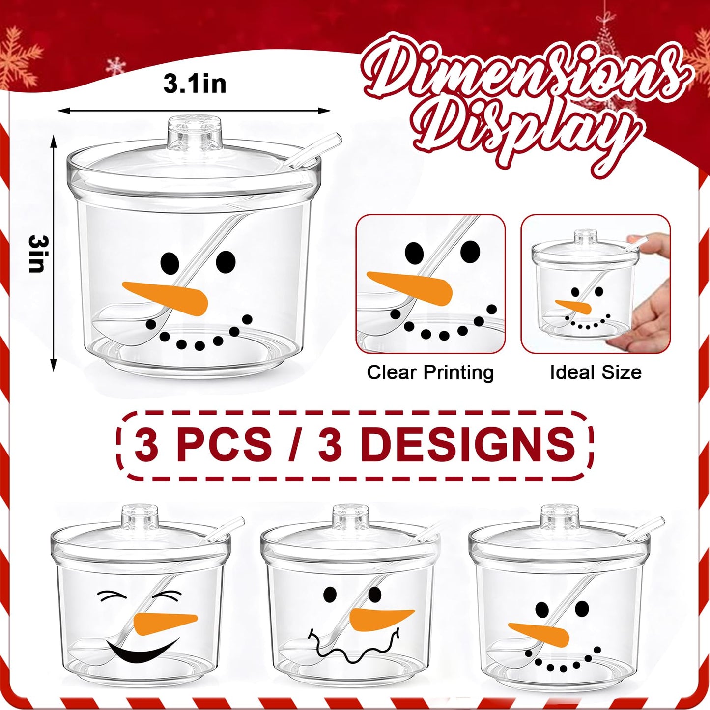FYSUIMU 3Pcs Christmas Hot Cocoa Bar Supplies Clear Acrylic Sugar Bowl with Lid Spoon Cute Snowman Xmas Candy Jar 6.8 Oz Kitchen Storage Container for Home Coffee Bar Holiday Party