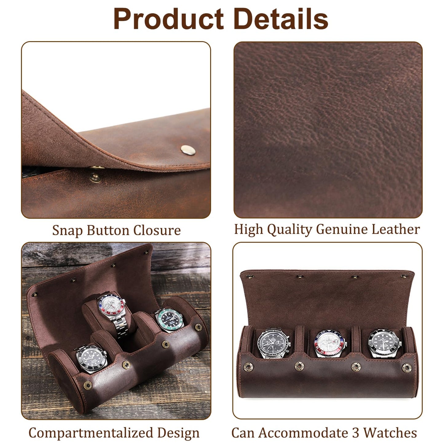 Acidea Genuine Leather Watch Roll Travel Case, Travel Watch Case for Men, Leather 3-Watches Roll Case for Bracelets, Portable Watch Storage Organizer with Removable Pillows
