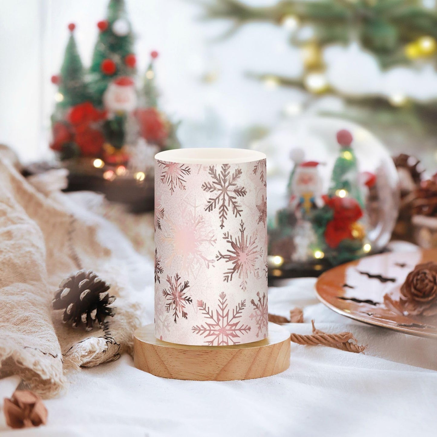 senya Christmas Lights Flameless Candles Seamless Pattern Rose Gold Snowflakes Pillar Candles Set of 2 Battery Operated Remote Control Warm Lights Home Decor