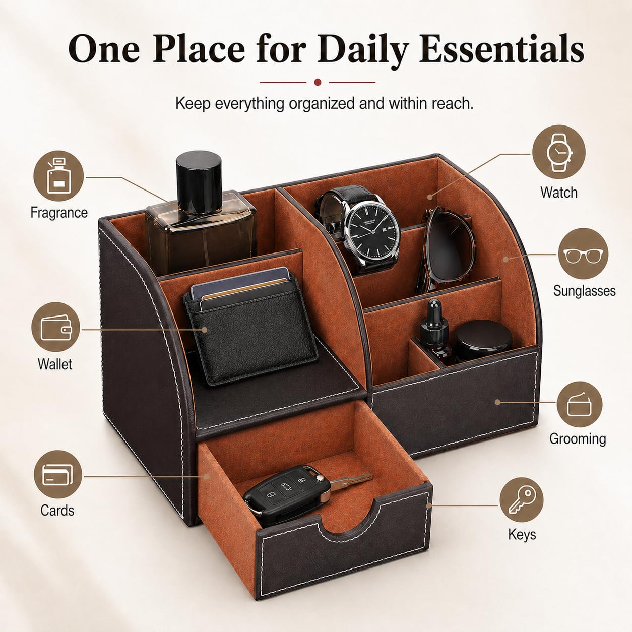 KINGFOM Cologne Organizer for Men, PU Leather Dresser Organizer with Drawer, Countertop Cologne Holder for Watch, Wallet, Keys, Sunglasses, Bathroom Bedroom Nightstand Organizer, Gifts for Men Brown