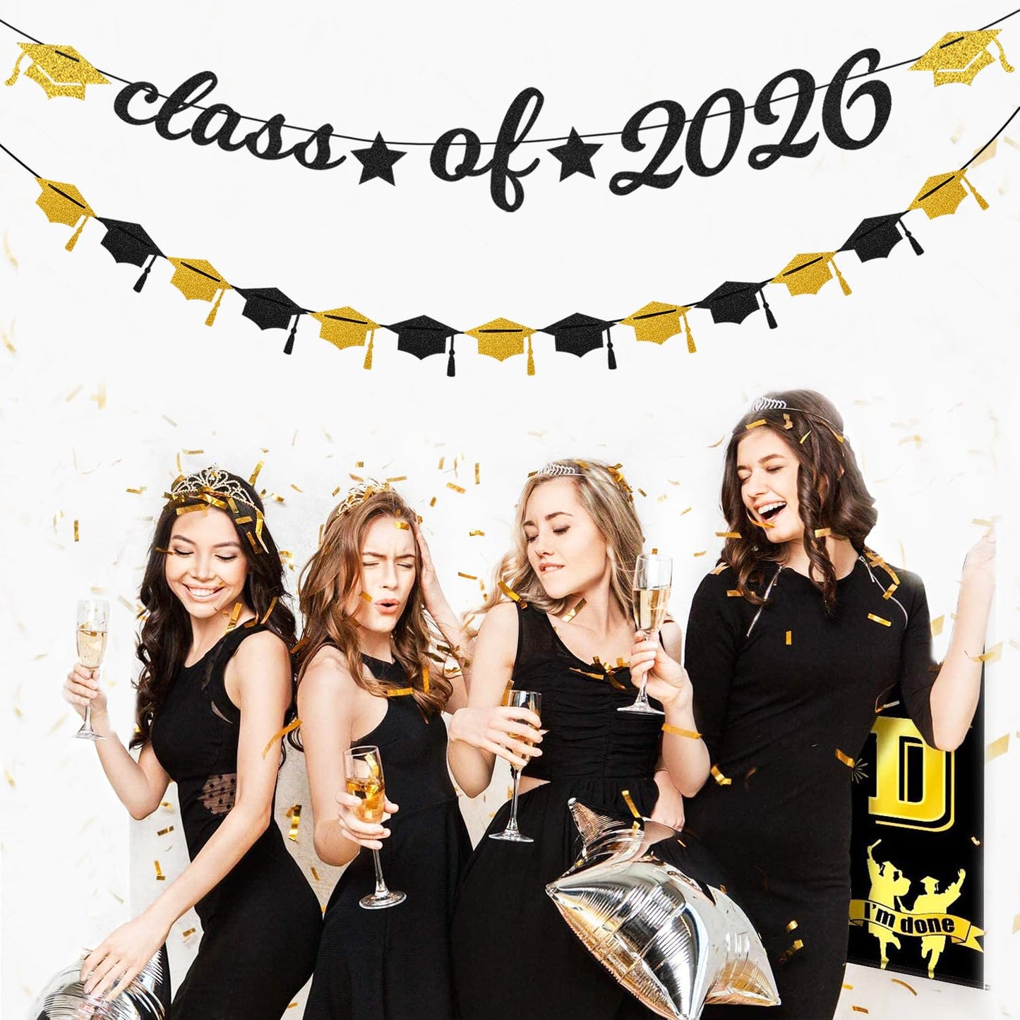 Black-White Gold Party-Decorations Graduation Banner - 8pcs Kits Class of 2026 Cap Garland Streamers, Paper Tissue Pom Poms Flowers, Congratulations Grad Decor Lasting Surprise