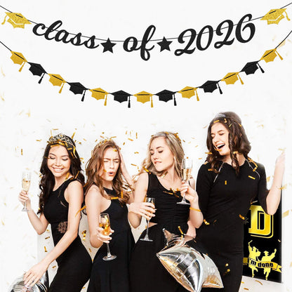 Black-White Gold Party-Decorations Graduation Banner - 8pcs Kits Class of 2026 Cap Garland Streamers, Paper Tissue Pom Poms Flowers, Congratulations Grad Decor Lasting Surprise