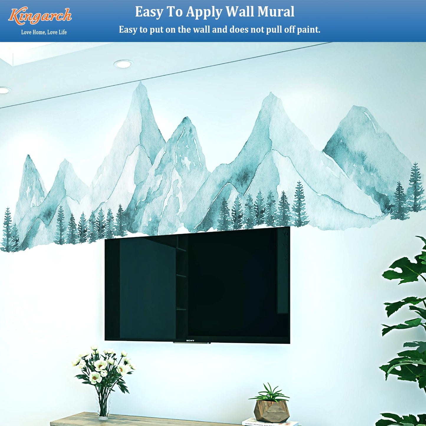 Large Mountain Wall Decals, Spa Green Pine Tree Peel and Stick Vinyl Wall Stickers & Murals, Removable Home Room Wall Decor for Bedroom Living Room Bedroom Classroom Office Nursery