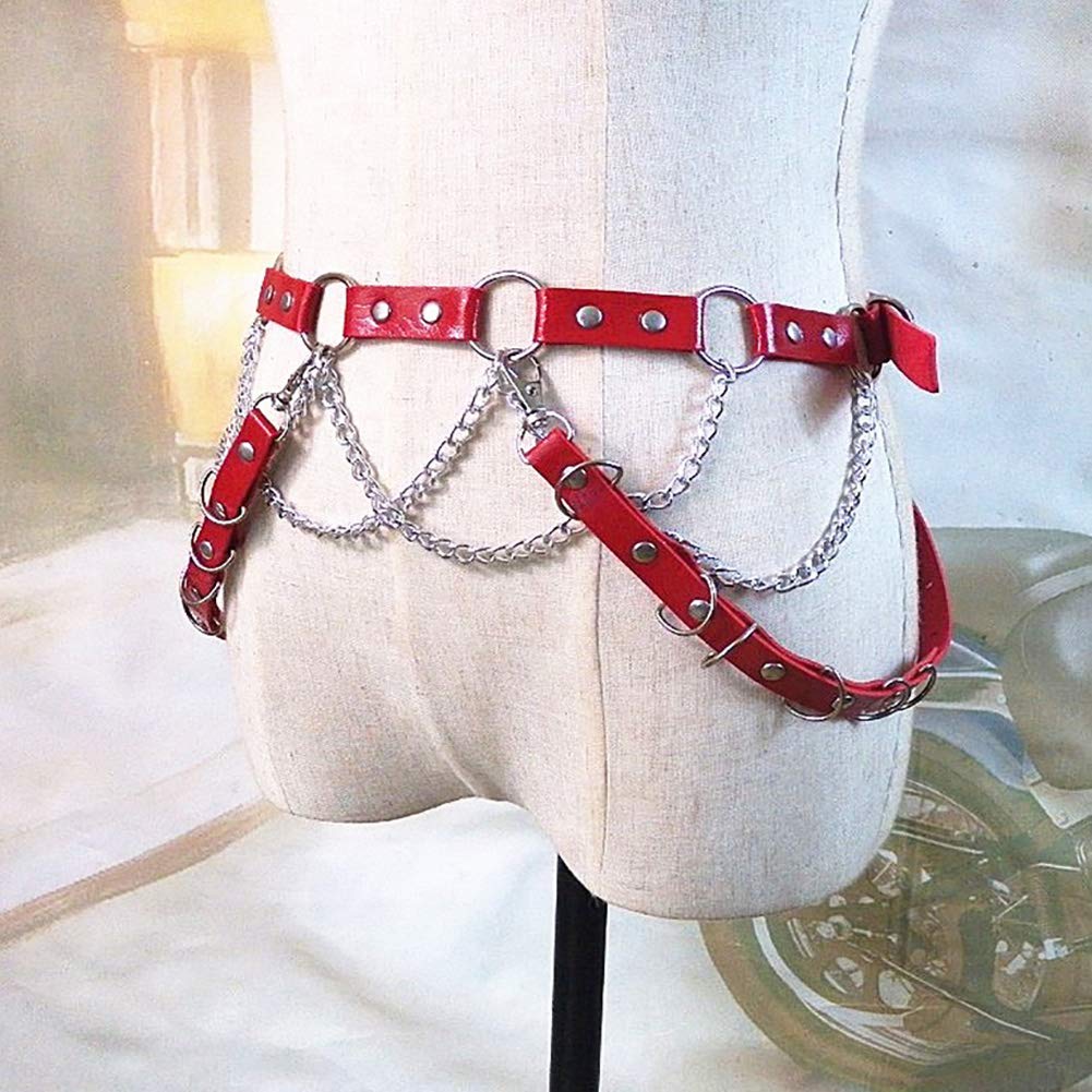 Punk Women Red Leather Harness Garter Belt Adjustable Waist Leg Body Chain Caged with Metal Tassel for Dress Rave Club Party