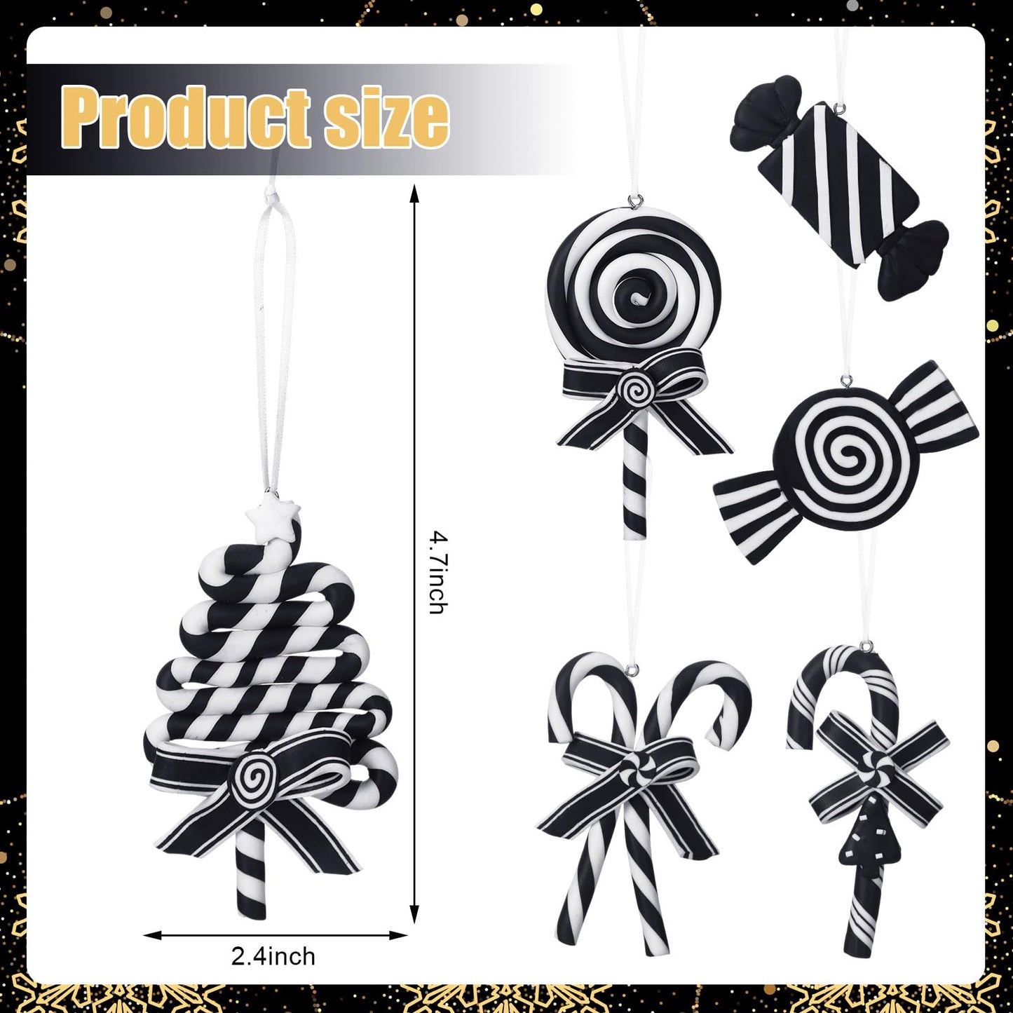 Blulu 6 Pcs Christmas Black and White Candy Cane Lollipop Hanging Ornaments Tree Picks Decorations Polymer Clay Peppermint Winter Holiday Xmas Party Supplies for Wreaths Christmas Trees Accessories