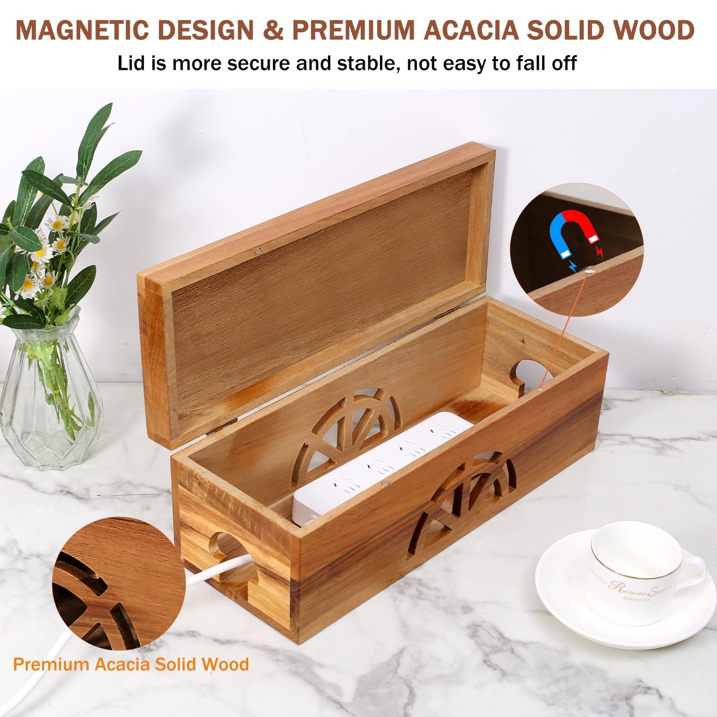 Wood Cable Management Box - 15.8" (L) x 6" (W) 5.5" (H) Acacia Wood Cable Hider Box, Cord Hider with Magnet Design & Outlet Hole, Power Strip Surge Protect & Organizer for Home Office Kitchen TV Wires