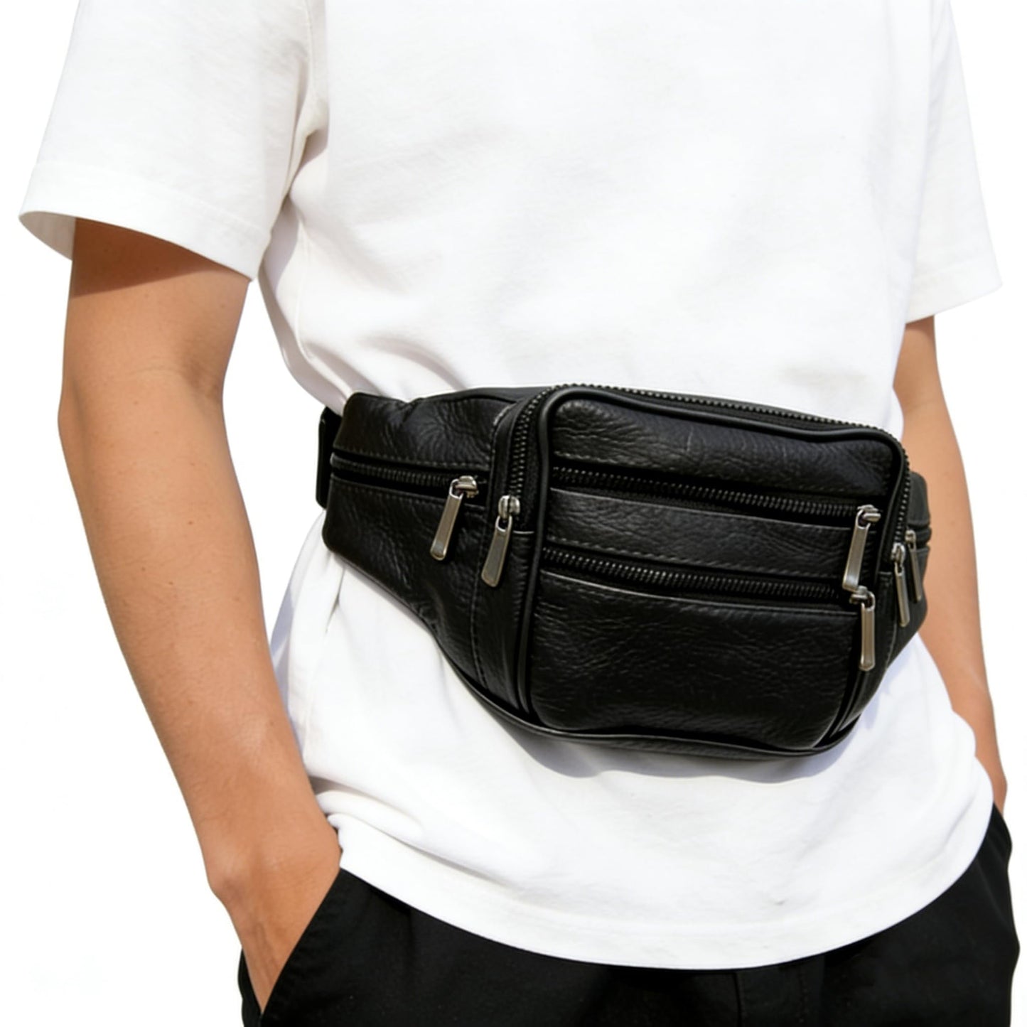 Leather Fanny Pack Travel Waist Bag 7 Pockets Waist Pack.Suitable for Outdoor Mountaineering Travel Camping Cycling Running etc FANNING511 Fanny pack (Black)