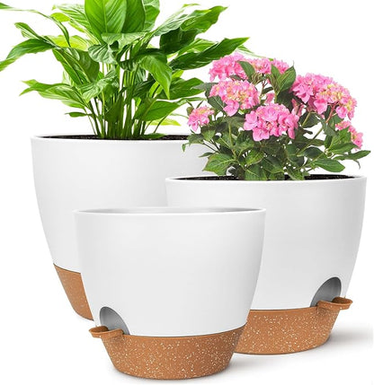 Plant Pots, Self Watering Planters for Indoor Plants with Drainage Hole, Plastic Flower Pot for Succulents, African Violet (White, 12/10/9)