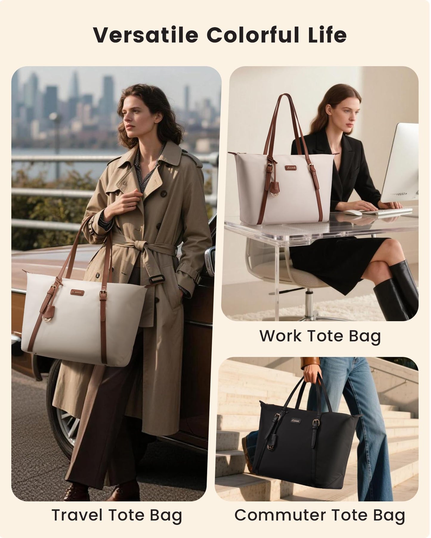 LOVEVOOK Laptop Bag for Women with Large Cup Holder, 15.6 Inch Cute Nylon Work Travel Tote Bags, Waterproof Computer Bag Shoulder Purse, Beige