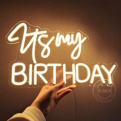 Planzo It's My Birthday Led Neon Light Sign Happy Birthday Party Wall Sign Decor Window Background Sign USB Bedroom Living Room Neon 5V Night Light Kids 15.8" X 9.1" Warm White