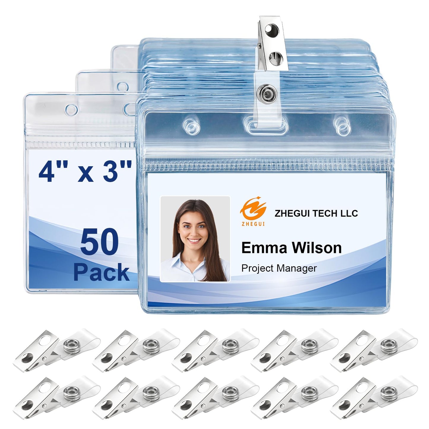 Clear Horizontal 4x3 Name Tag Holders 50 Pack with Metal Clips, Bulk Waterproof PVC ID Badge Holder, Plastic Name Badge Holders for Conferences, Trade Shows, Exhibitions and Company Events