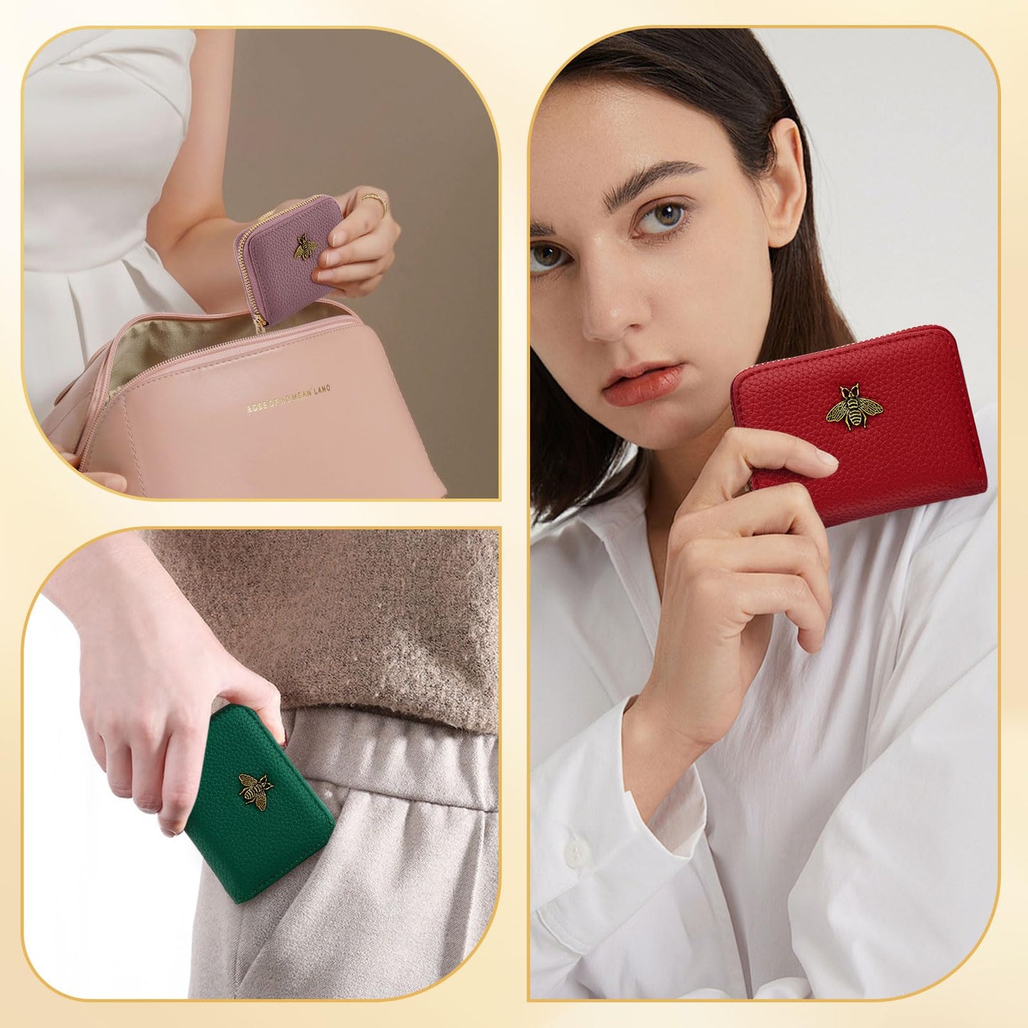WOZEAH Leather Credit Card Holder for Women Wallet RFID Blocking Zipper Wallet Card Case Business（Green）