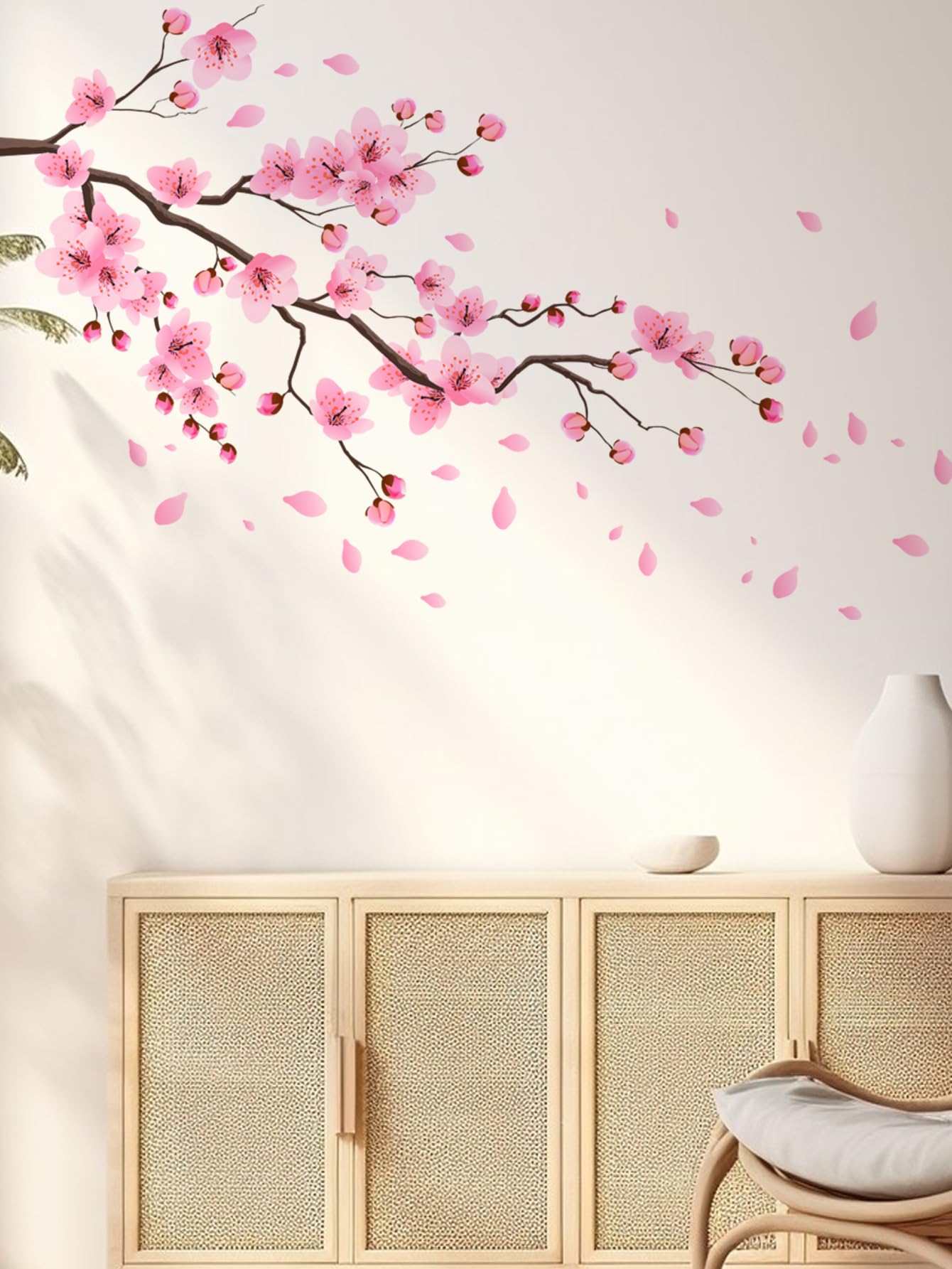 Cherry Blossom Wall Decals, Large Pink Floral Tree Branch with Birds Butterflies, Peel and Stick Removable Vinyl Wall Stickers for Living Room Bedroom Home Decor