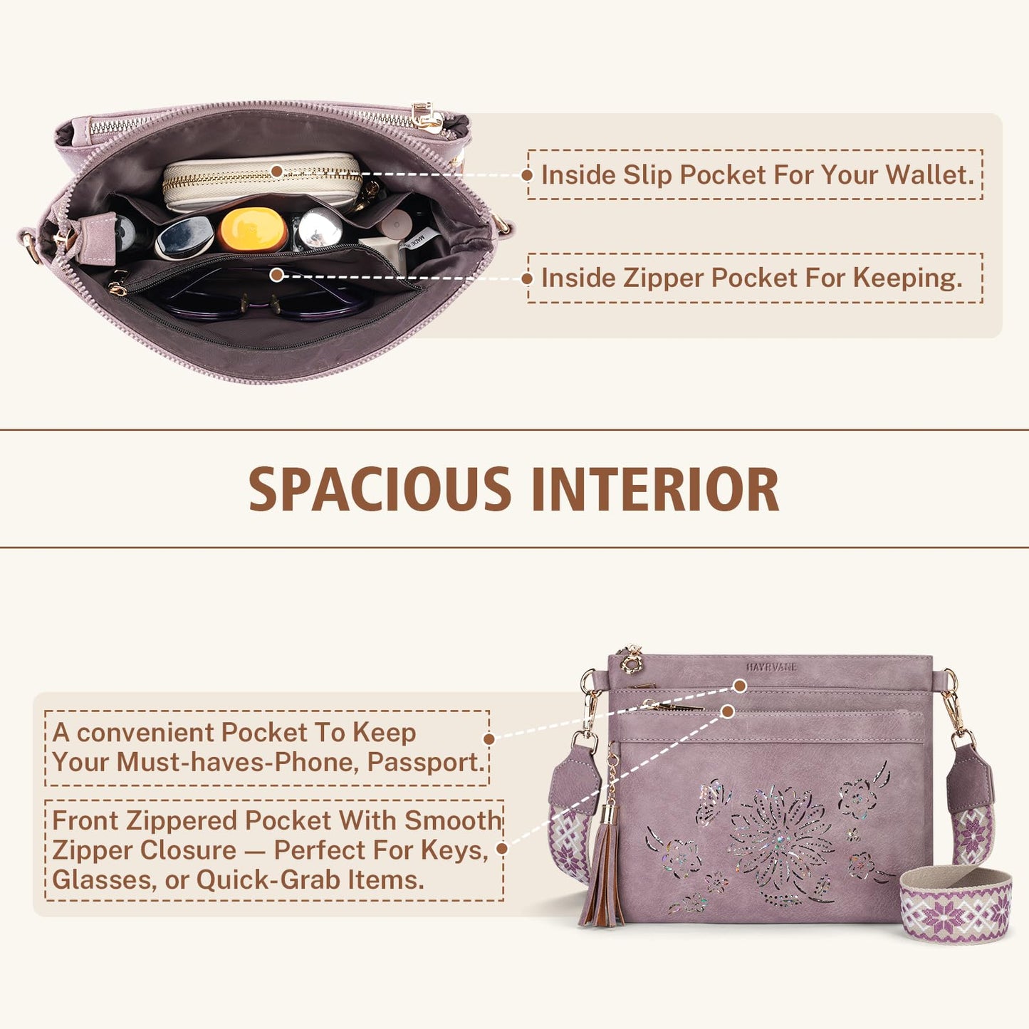 HAYRVANE Crossbody Bags for Women Designer Leather Cross Body Purses Multi Pocket Shoulder Handbags with Wide Strap