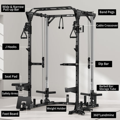 JEEKEE Power Cage with Cable Crossover System, 2000LB Multi-Function Power Rack with Independent Dual Pulleys, LAT Pulldown Seat Cushion, 20+ Attachments Squat Rack for Home Gym Workout,Black