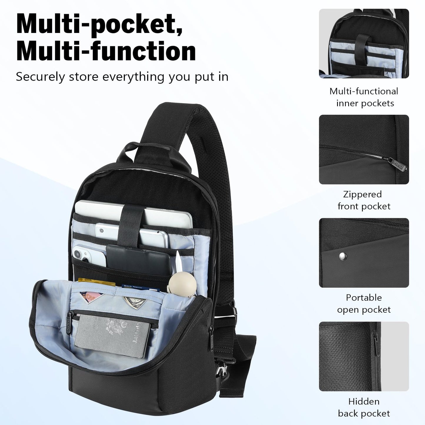 MoKo Compact EDC Sling Bag for New 13-inch iPad Pro M4/Air M2, Minimalist Chest Shoulder Crossbody Bag for Men Women Daily Use, Single Strap Daypack for New 13" MacBook Air/14 MacBook Pro, Black