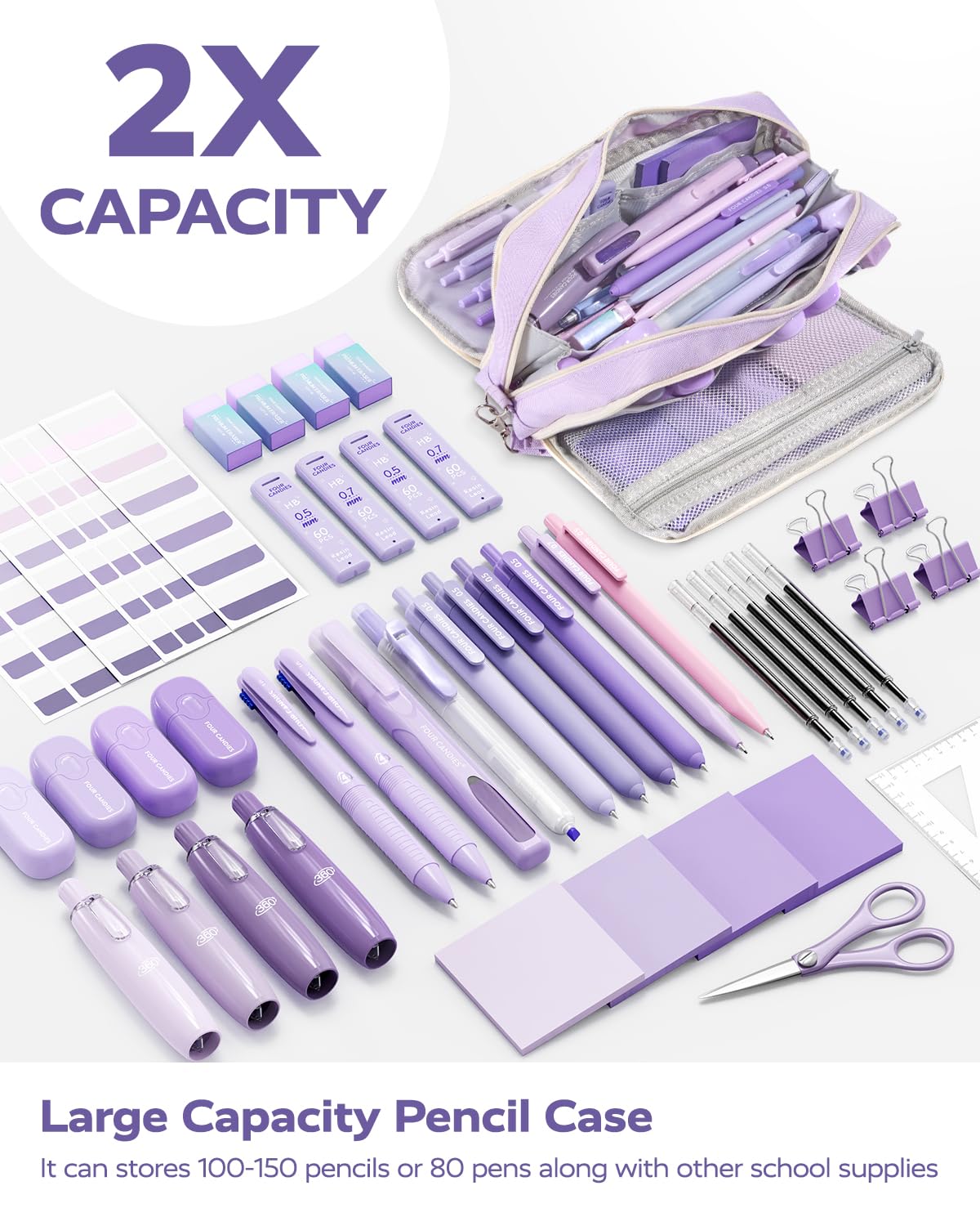 Four Candies Purple School Supplies, Gel Pens with Black Ink,Correction Tapes,Pastel Highlighters, Mechanical Pencils, Sticky Notes, Index Post for Bible Study Stationary College Essentials