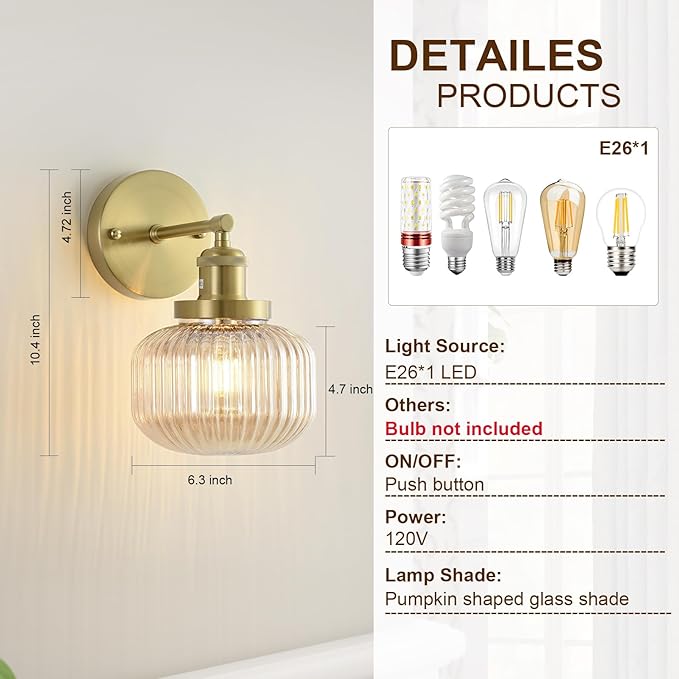 Vintage Wall Sconces with Amber Pumpkin Glass Lampshade, Indoor Bathroom Wall Sconce, Modern Gold Industrial Lighting Fixture for Mirror Living Room Hallway 1 Pack