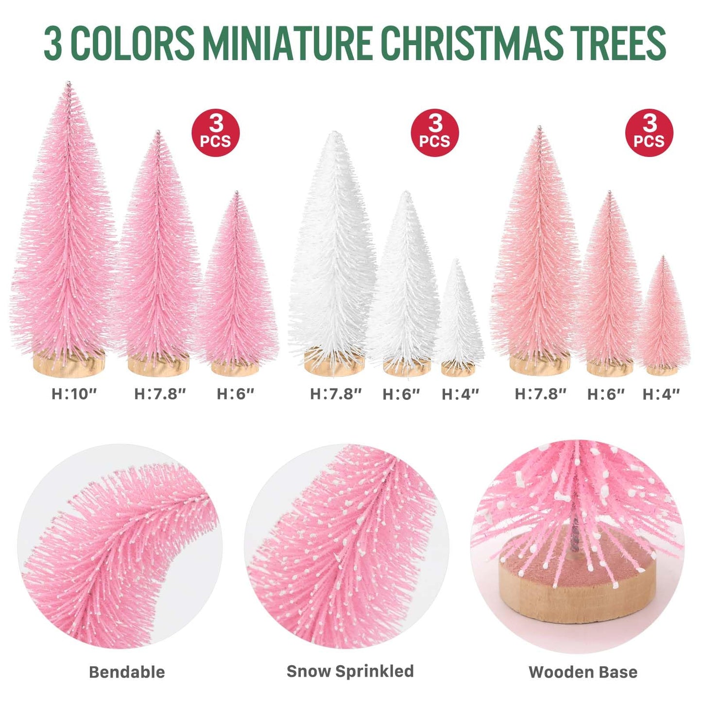 9Pcs Mini Christmas Trees Christmas Decor Artificial Christmas Decorations with 4 Sizes, Christmas Tree Bottle Brush Trees Christmas Table Decorations (Pink Light Pink White)