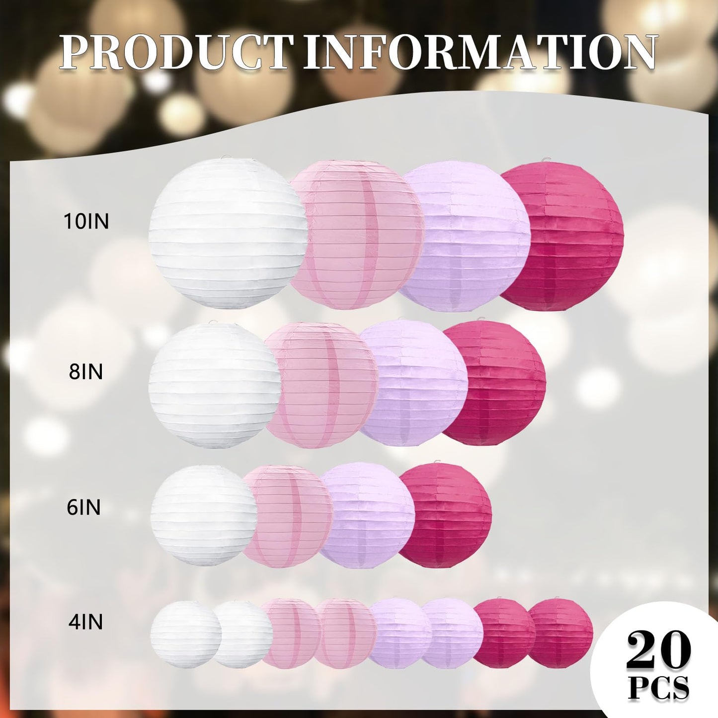 20Pcs Light Purple Rose Red Pink White Paper Lanterns for Parties, 6” 8” 10” 12” Chinese Asian Hanging Round Paper Lanterns for Birthday Wedding Halloween Christmas Home Decor Party Decor