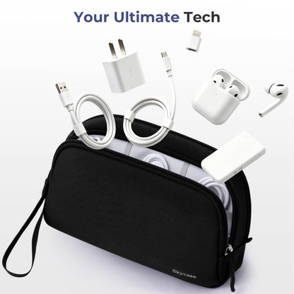 Skycase Travel Cable Organizer - Lightweight Water Resistant Dual-Layer Tech Pouch with Wrist Strap 11 Compartments Electronic Organizer Travel Case for Charger Cord Hard Drive,Large,Black