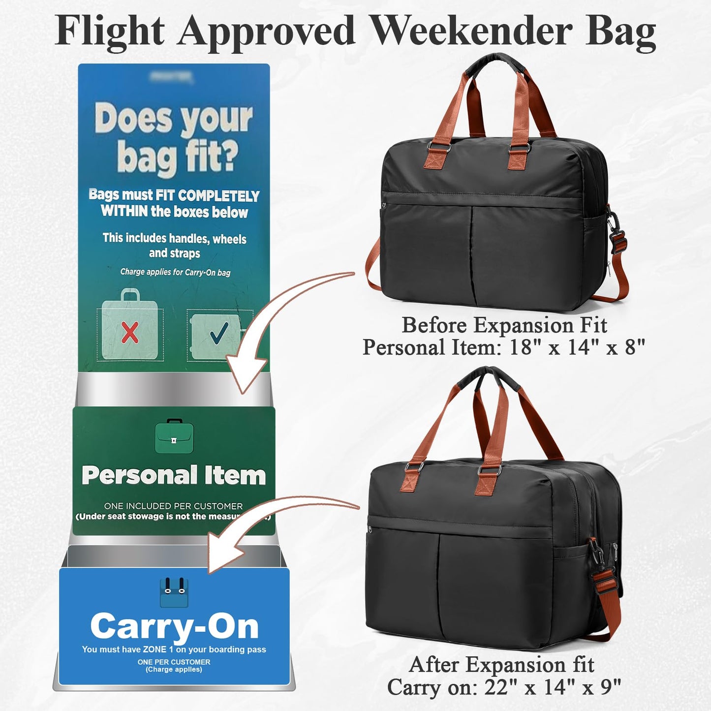 Expandable Personal Item Travel Duffle Bag Weekender Bag for Women Men, Overnight Hospital Carry On Bag with Toiletry Bag for Airplanes Travel Business Trips Sport,Black & Brown