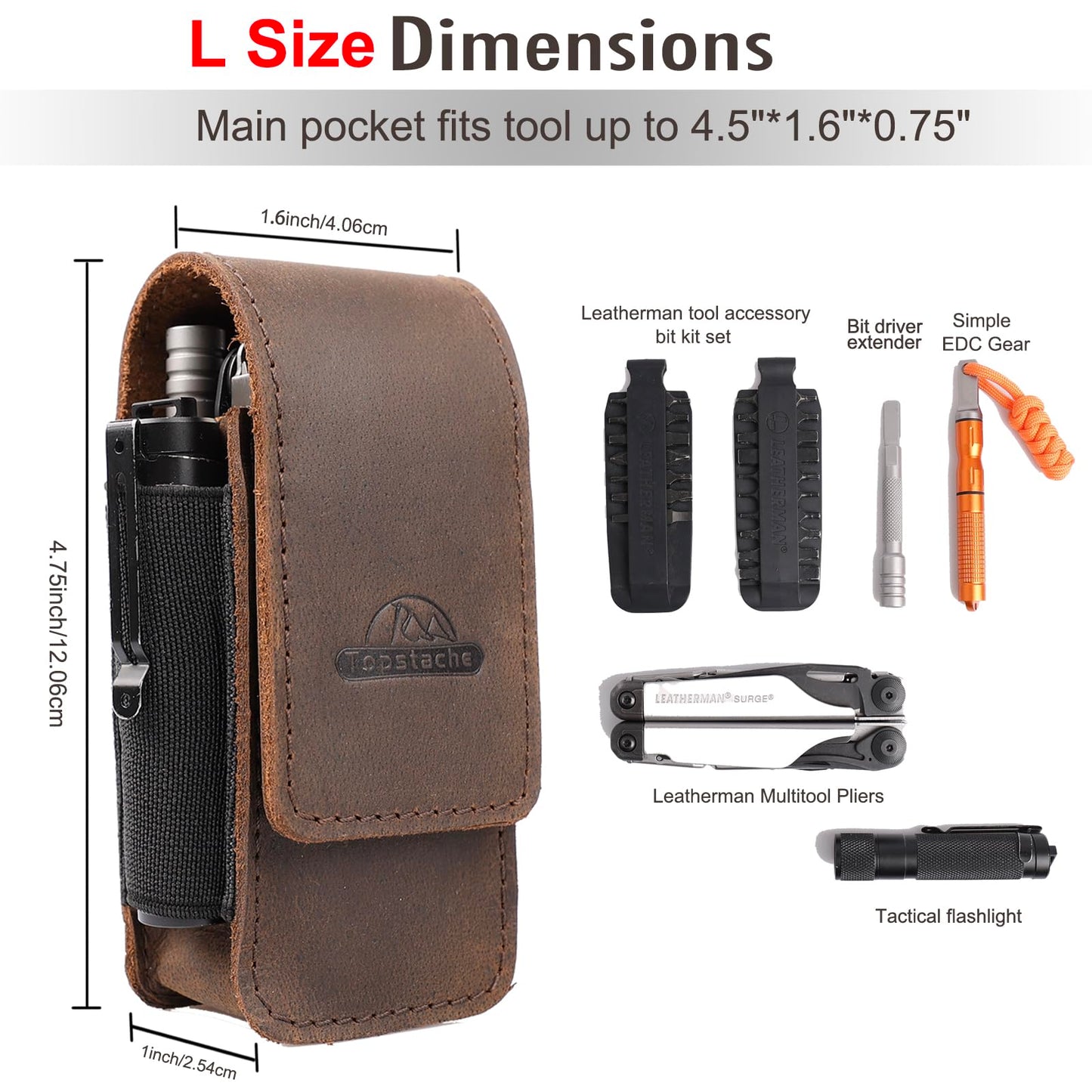 Topstache Multitool Sheath for Men - Belt Leather Multitool Holster - EDC Belt Organizer for Leatherman, Gerber - Magnetic Closure Multitool Pouch Fits Folding Tool, Darkbrown