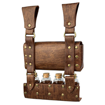 HiiFeuer Medieval Alchemy Faux Leather Belt Bag with 4 Cork Potion Vials, Fantasy Wizard Waist Pouch Side Pack for Ren Faire (Light Brown A)