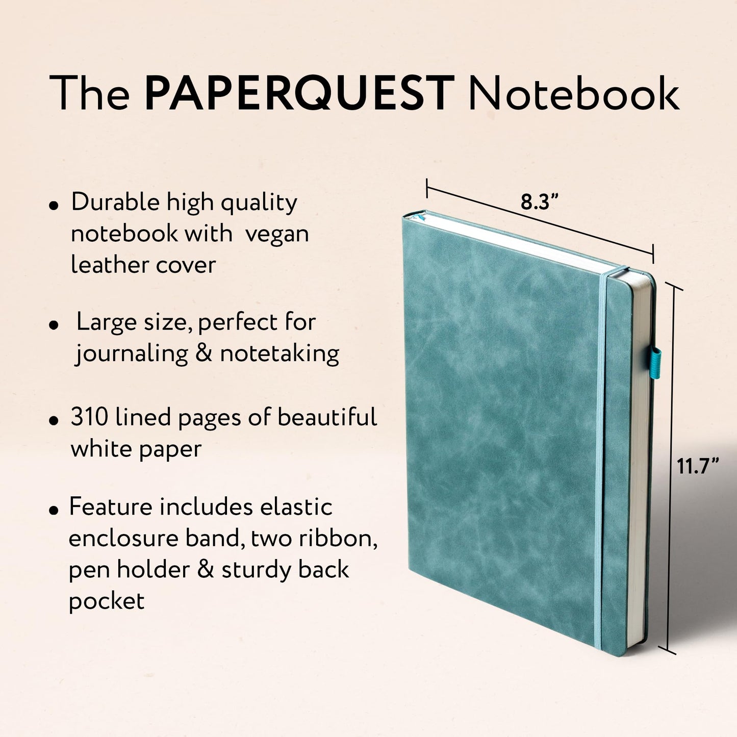 PAPERQUEST A4 Hardback Notebook, Vegan Leather Journal Lined, 310 Pages, 100GSM Thick Paper, Lay flat Notebook for Women, Men, Writing, Office, Work, Study, College Ruled Notebook with Pocket,
