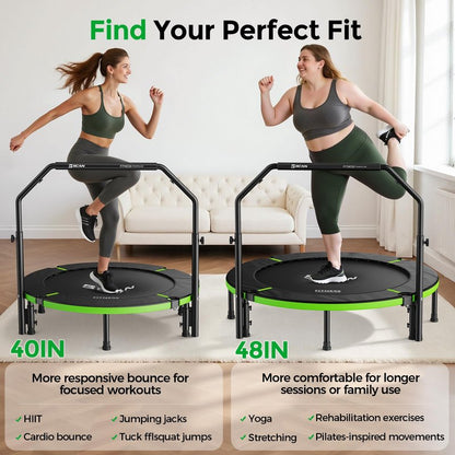 BCAN 40" Foldable Mini Trampoline, Rebounder Trampoline for Adults, Adjustable Foam Handle, Exercise Rebounder for Adults Indoor/Garden Workout, Max Load 330lbs, Green