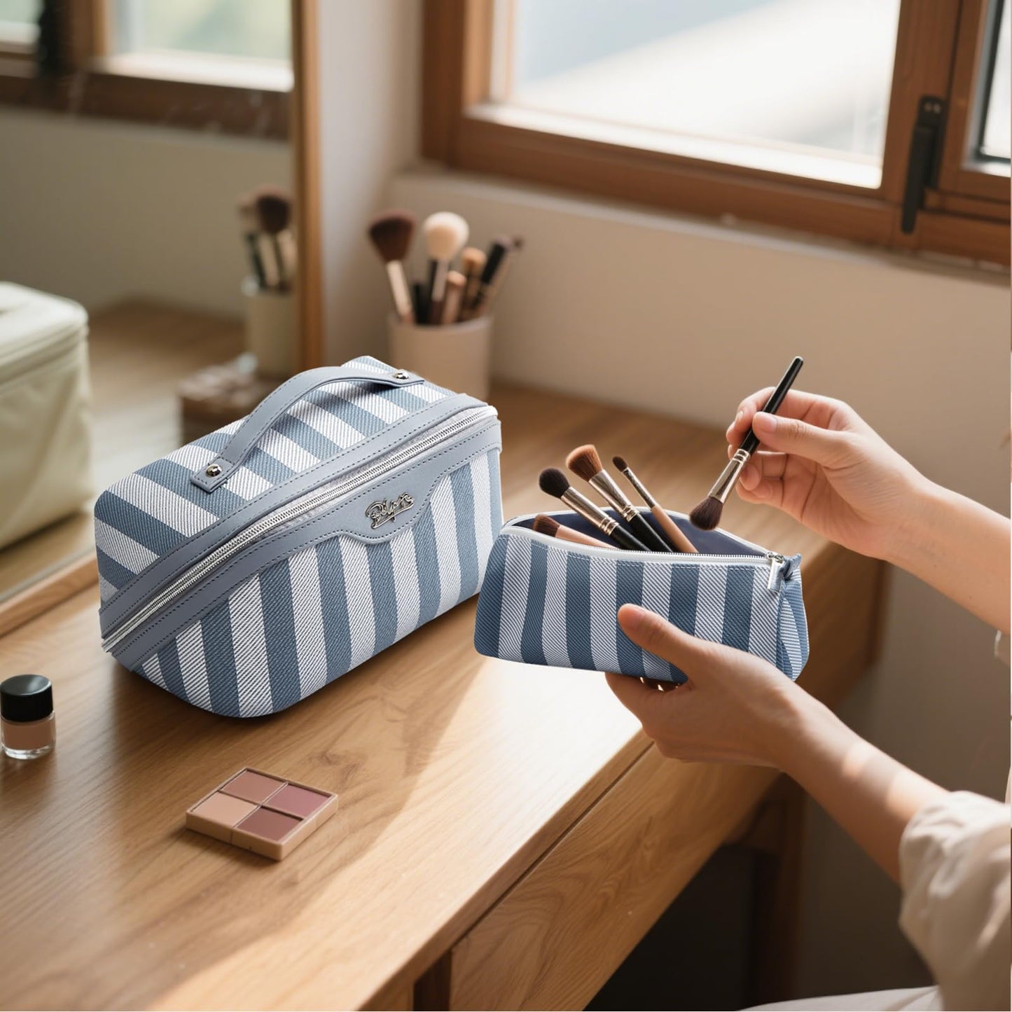 BOYATU Travel Makeup Bag Cosmetic Bag for Women: 3 Pcs Set Striped Make up Bag with Compartments - Waterproof Vegan Leather Toiletry Bags with Handle - Makeup Organizer for Travel Essentials(A-1-Blue)