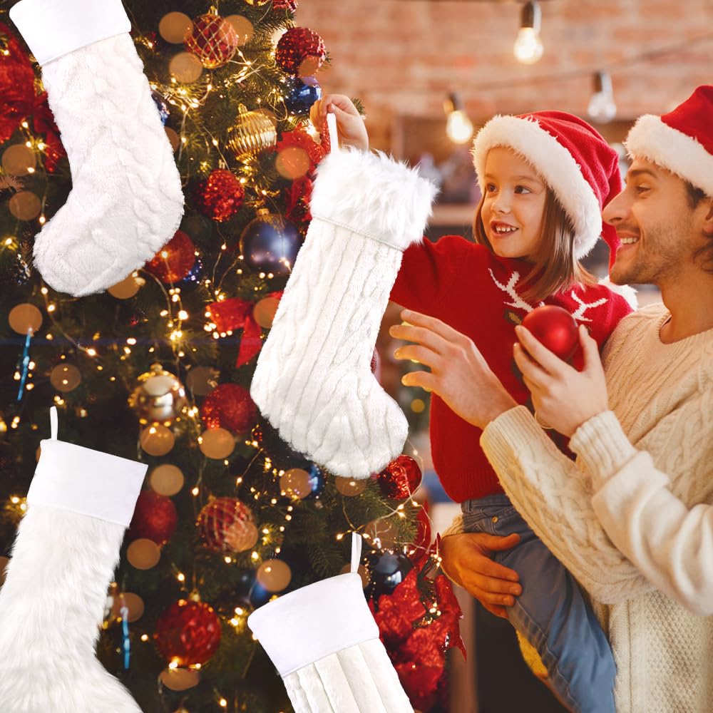 Teeanzo 4 Pcs Christmas Plush Stockings 18 Inch Large Snow White Faux Fur Xmas Stocking with 4 Styles Textured Patterns Holiday Classic Hanging Ornaments Socks for Xmas Home Party Fireplace Decor
